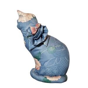 Vintage Handmade Cat Door Stopper Blue Floral Cottage Kitty Bow Cats Grandmacore